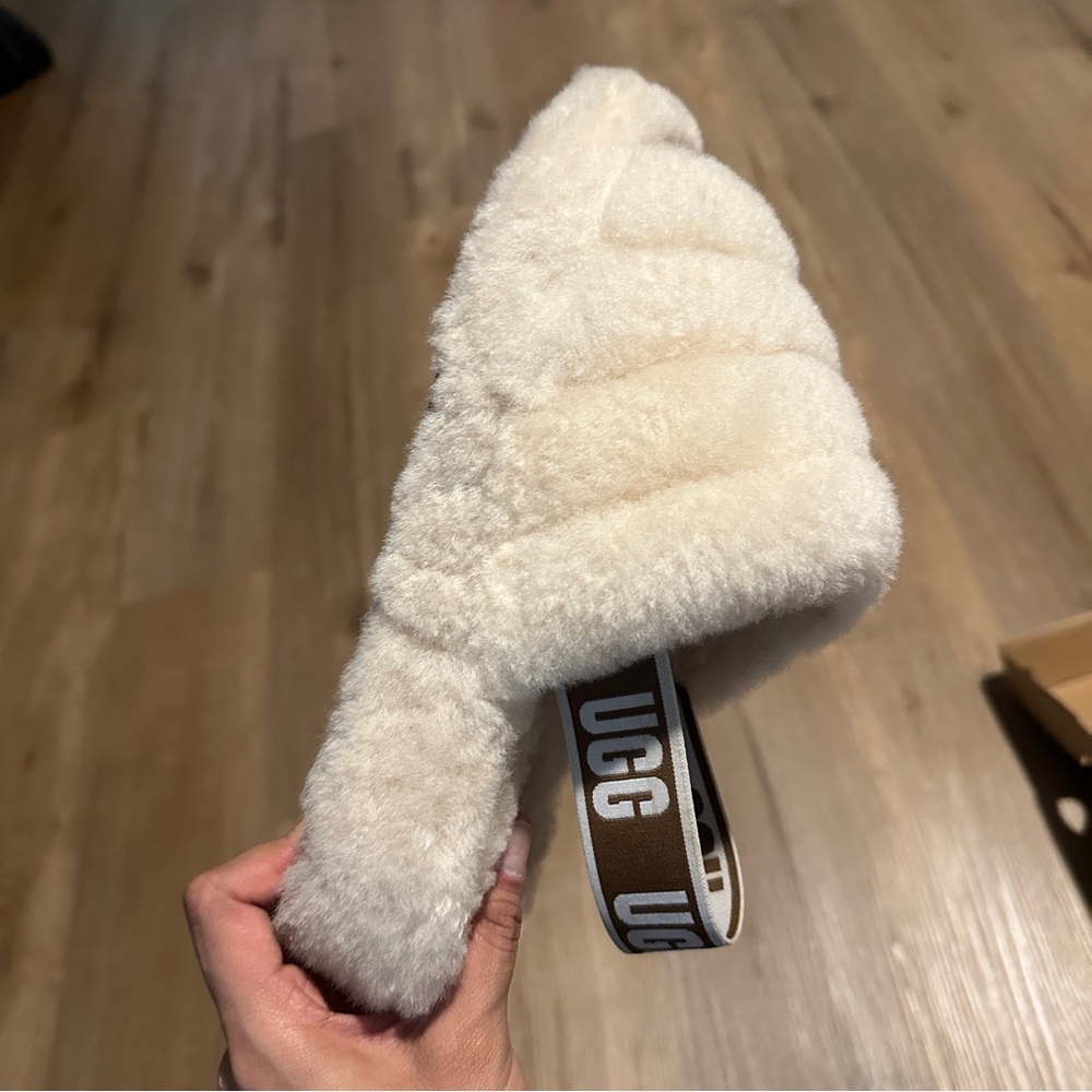 UGG Fluffy Cream Slides with Logo Strap